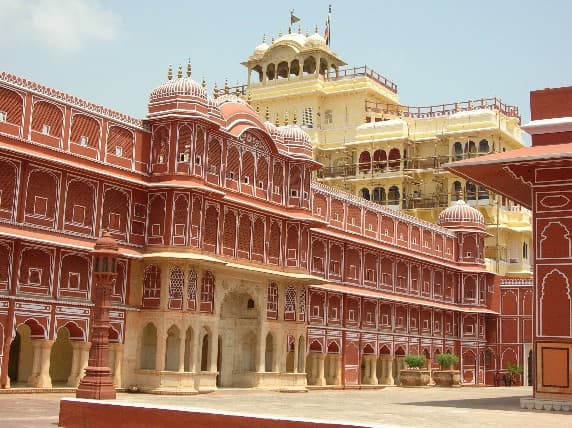 Courtyard facade with jharokha balconies at a Rajasthani palace