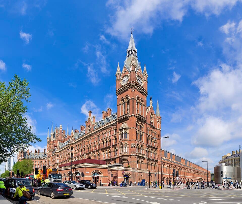The Gothic Revival facade of St Pancras railway station, London